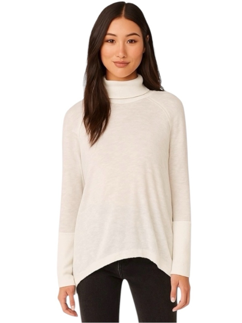 We The Free White Cream Split Back Slouchy Raw Hem Turtleneck Sweater Size M
